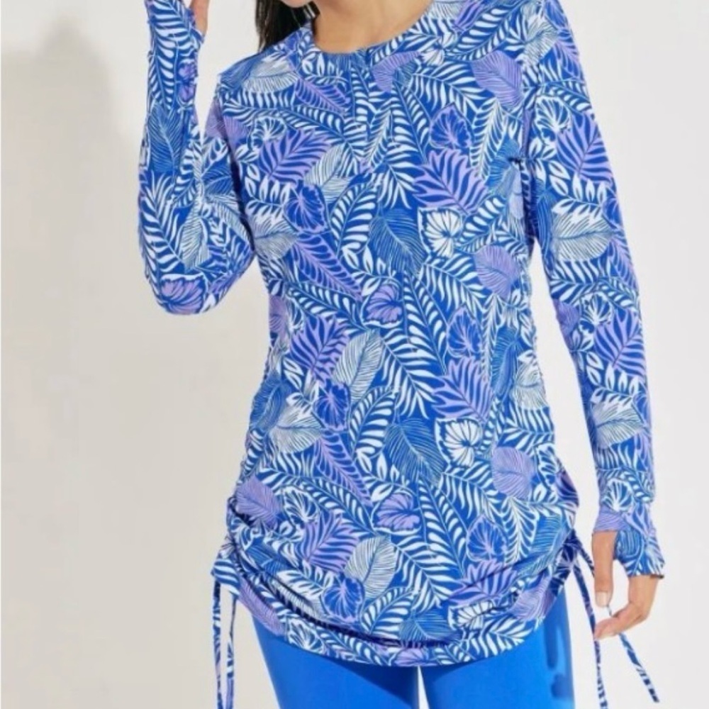 Coolibar Hokulani Ruche Swim Shirt Blue print. XXS. UPF 50+ - Picture 10 of 11
